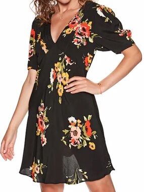 Free People Black Floral V-Neck Mini Dress with Puff Sleeves Size 0 Neon Garden